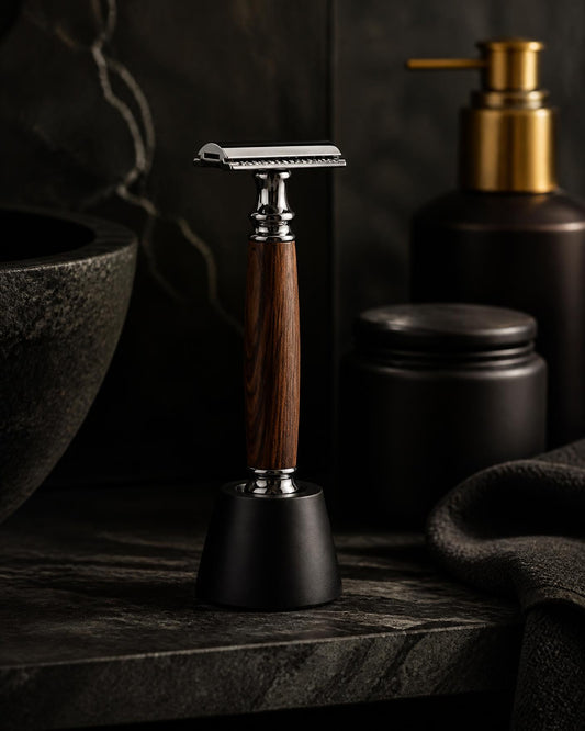 Zenor razor on its weighted drip stand