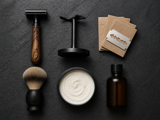 Flat lay of every item in the Zenor Razor-Burn Kit