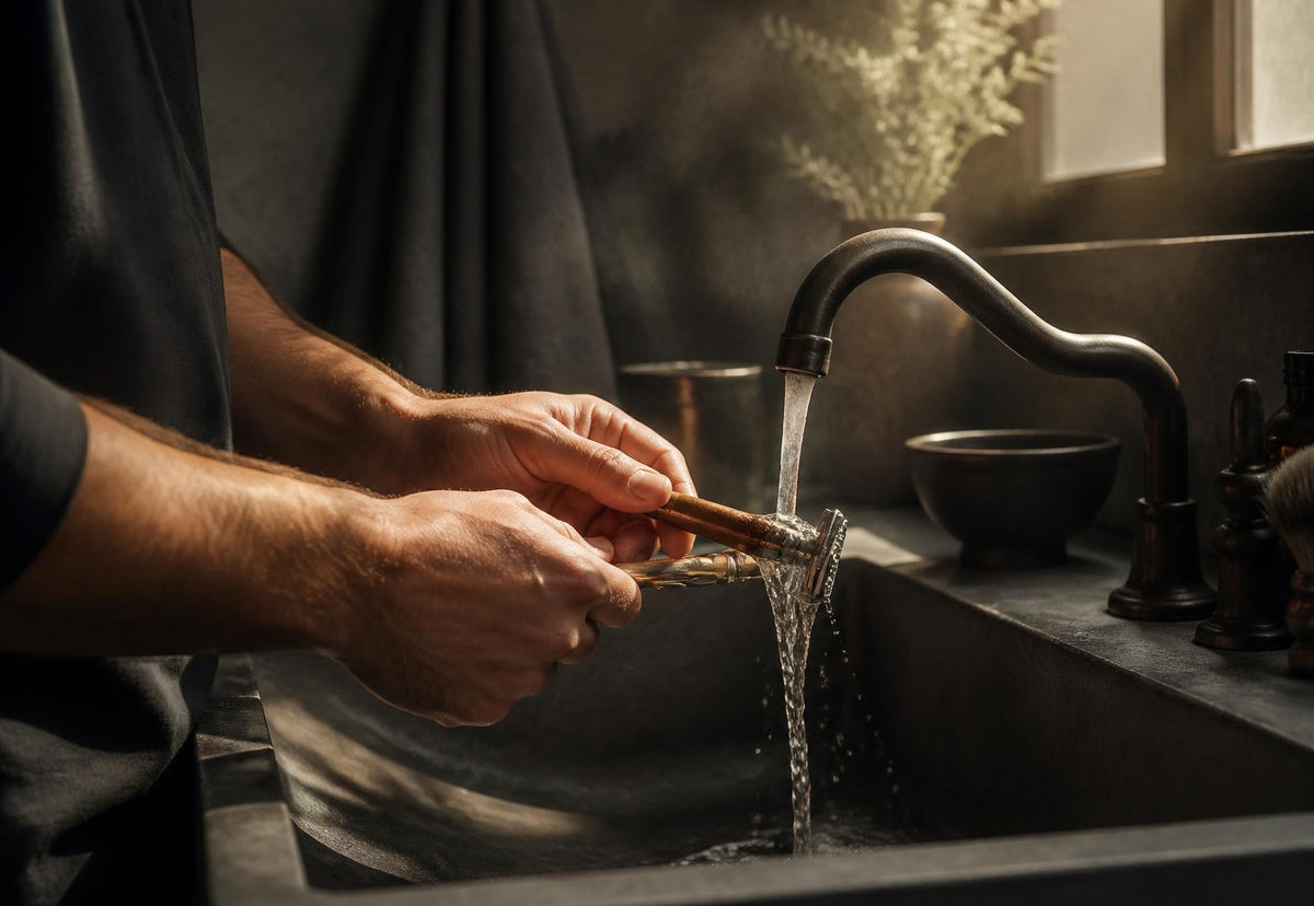 The Zenor razor being rinsed at the sink
